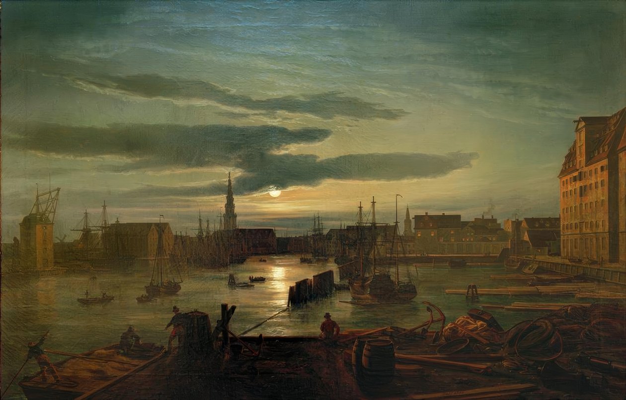 Kööpenhaminan satama kuunvalossa tekijältä Johan Christian Dahl