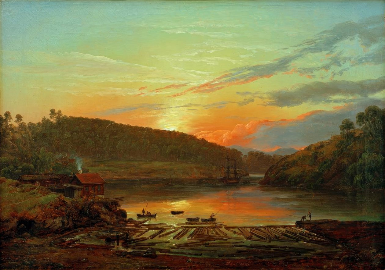 Maisema Skienissä auringonlaskun aikaan tekijältä Johan Christian Dahl