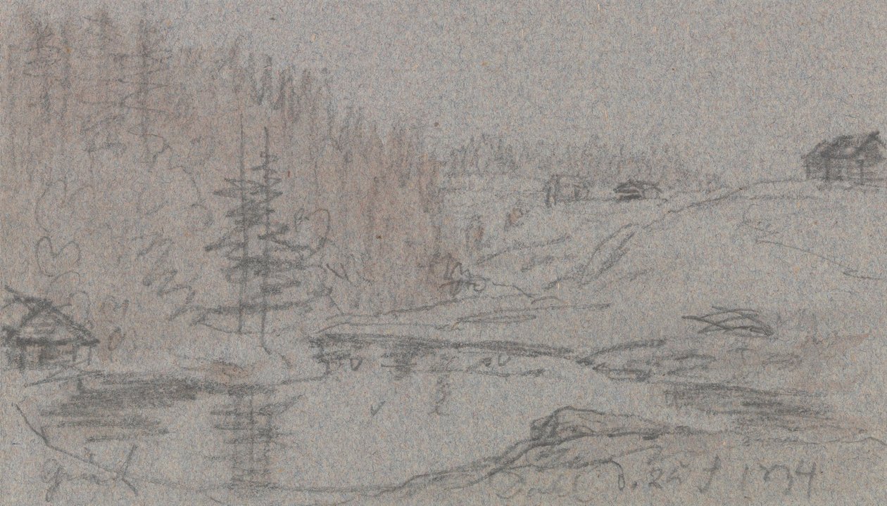 Maisema, jossa on joki, taloja ja metsää tekijältä Johan Christian Dahl