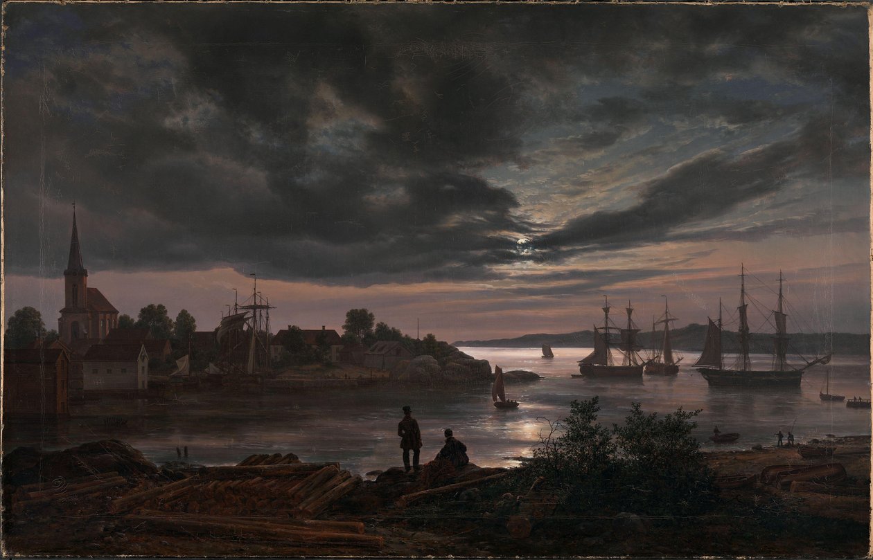 Norjalainen:  Larvik kuunvalossa Larvik by Moonlight tekijältä Johan Christian Dahl