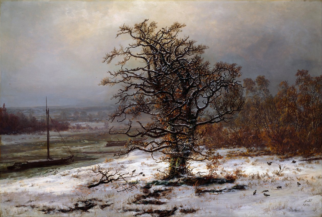 ""Talvimaisema tammella Elben rannalla, Saksa"" Johan Christian Clausen Dahlin (1788-1857) maalaus 1853 National Museum of Art, Oslo tekijältä Johan Christian Dahl