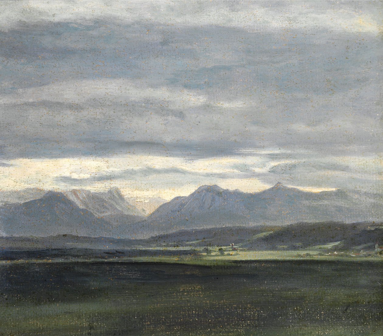 Tutkimus maisemasta, jossa on puuterin sininen taivas vuorten yllä tekijältä Johan Christian Dahl