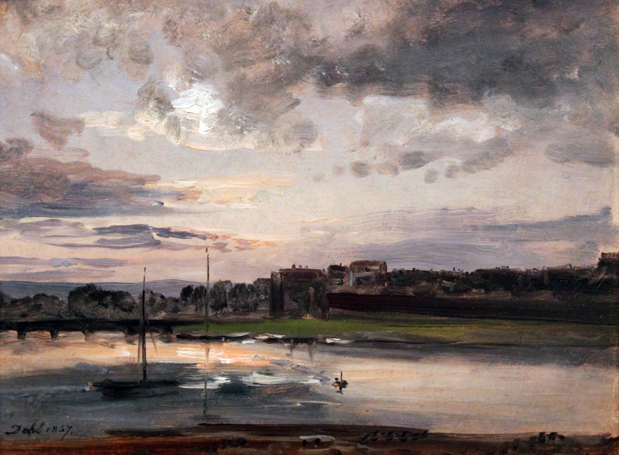 Elbe ja Dresdenin Neustadt iltavalossa / Elbe ja Neustadtin ranta Dresdenissä iltavalossa tekijältä Johan Christian Dahl