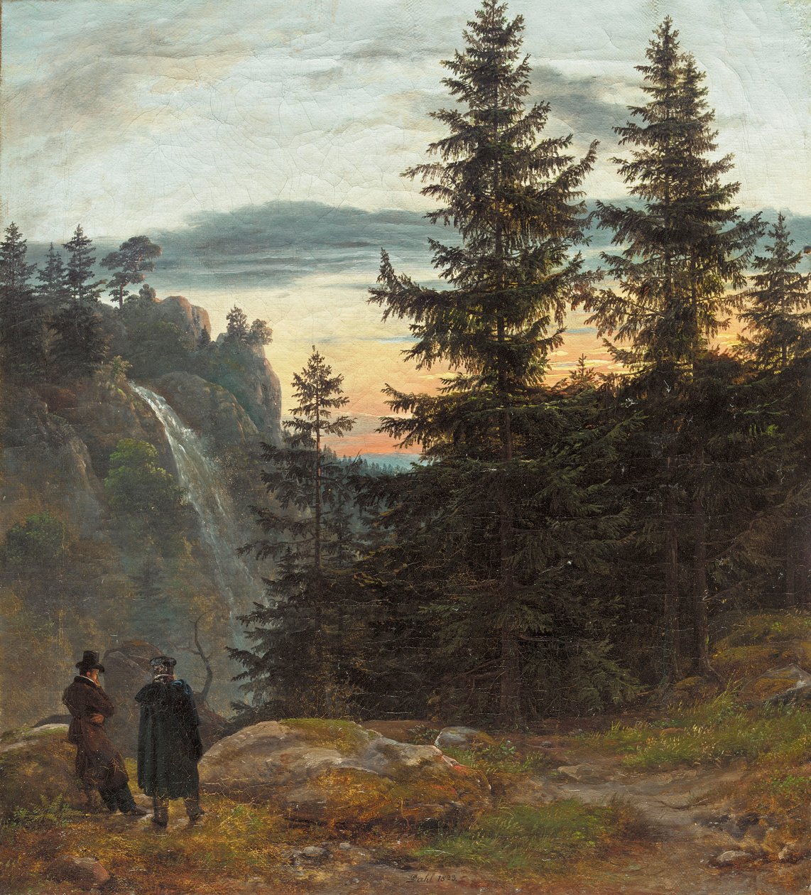 Kaksi miestä vesiputouksen edessä auringonlaskun aikaan tekijältä Johan Christian Dahl