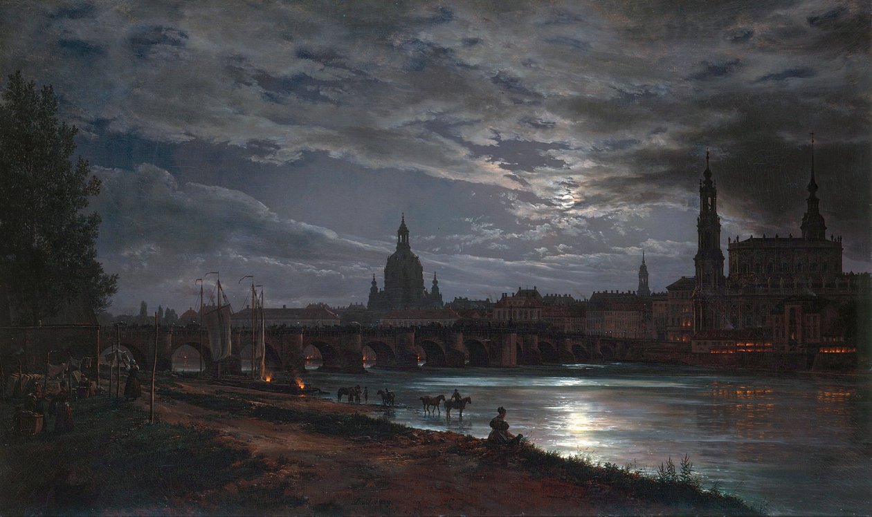 "" Vue de Dresde au clair de lune "" (Kuunvalon näkymä Dresdenistä) Peinture de Johan Christian Clausen Dahl (1788-1857) 1839 - Öljy kankaalle Koko 78x130 cm Dresdenin osavaltion taidekokoelmat Dresde tekijältä Johan Christian Dahl