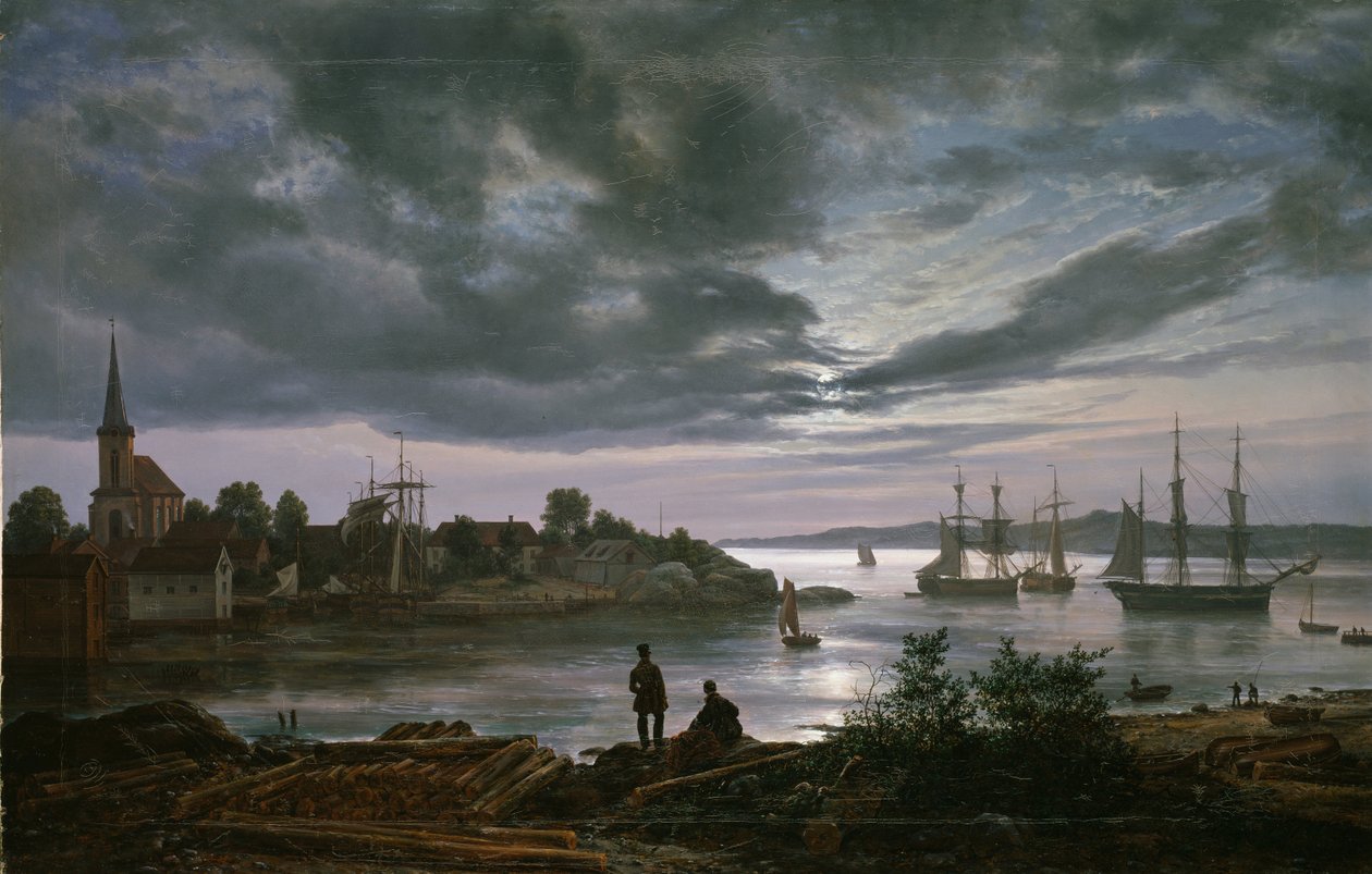""Vue de Larvik au clair de lune, Norja"" Peinture de Johan Christian Clausen Dahl (1788-1857) 1839 Oslo, Norjan kansallismuseo tekijältä Johan Christian Dahl