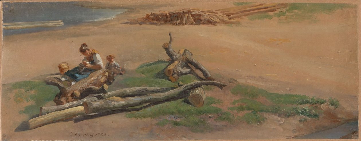 Nainen ja lapsi joen rannalla tekijältä Johan Christian Dahl