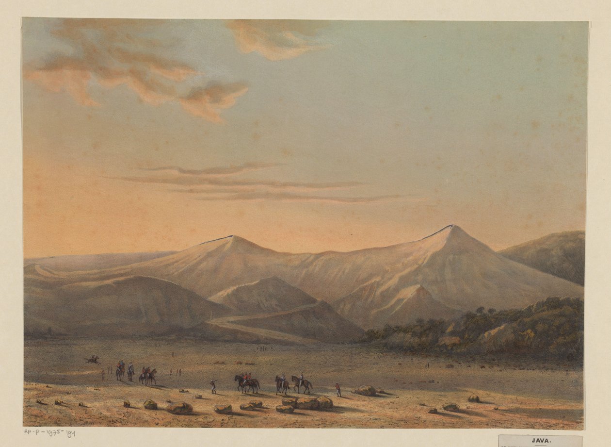 Näkymä Bromon tulivuorelle Tulta hengittävä Bromon vuori vuonna 1856 (Probolingon asuinpaikka) (otsikko esineessä) tekijältä Johan Conrad Greive