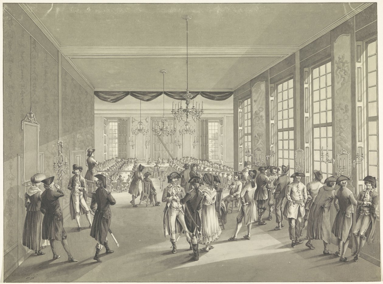 Haagin yleiskokous, 1795 Keskuskokous, joka pidettiin St. Joris Doelenissa Haagissa vuonna 1796 (otsikko esineessä) tekijältä Johan Daniël de Gijselaar