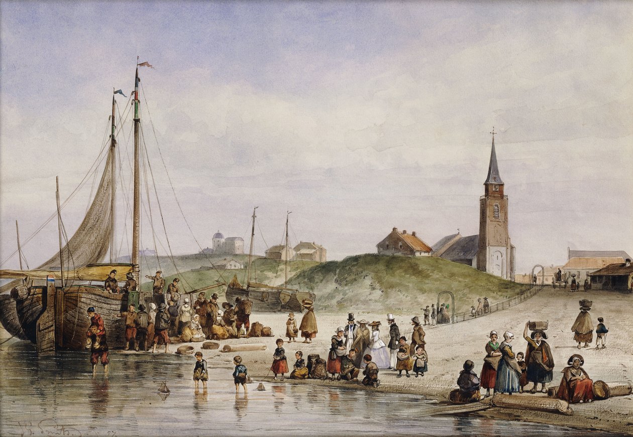 Kalastajat rannalla ja kaupungin takana, 1857 tekijältä Johan Gerard Smits