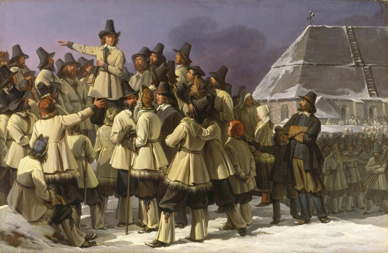 Ruotsin kuningas Kustaa Vaasa puhuttelee Taalainmaalaisia ​​miehiä Morassa, 1836 tekijältä Johan Gustaf Sandberg