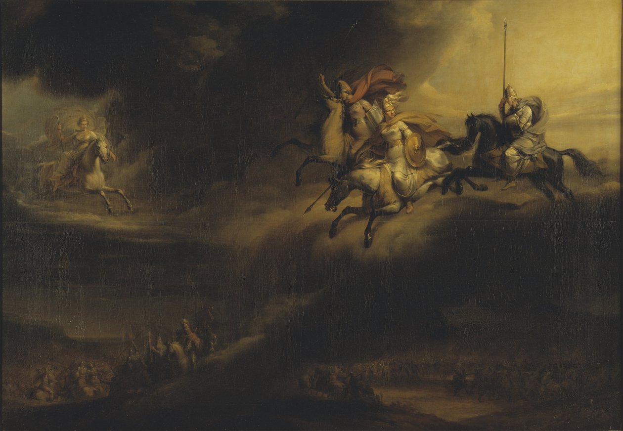 La chevauchee des Valkyries - Valkyrien ratsastus, kirjoittanut Sandberg, Johan Gustaf (1782-1854). Öljy kankaalle. Mitat: 140x201 cm. Tukholman kansallismuseo tekijältä Johan Gustaf Sandberg