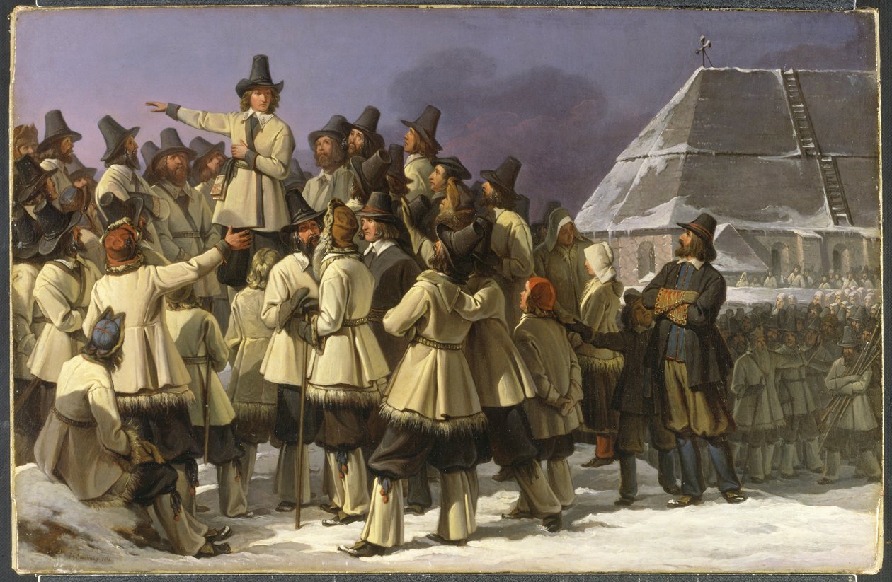 Ruotsin kuningas Kustaa Vaasa puhuttelee Taalainmaista Moran miehiä, kirjoittanut Sandberg, Johan Gustaf (1782-1854). Öljy kankaalle tekijältä Johan Gustaf Sandberg