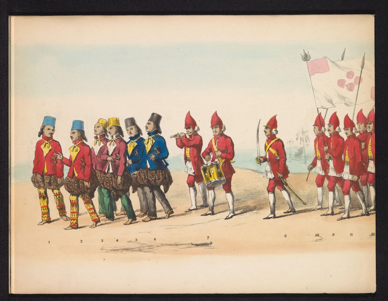 Delftin opiskelijoiden naamiaiset, 1857 (levy 1) Delftin opiskelijakunnan jäsenten pitämä pukukulkue 5. toukokuuta 1857, ja se kuvaa Djokjokartan sulttaanin Garebeg-kulkuetta ja Hollannin tyypillisimpiä tyyppejä. tekijältä Johan Hendrik Hoffmeister