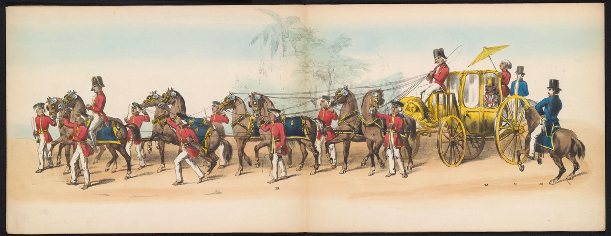 Delftin opiskelijoiden naamiaiset, 1857 (levy 3) Delftin opiskelijakunnan jäsenten pitämä pukukulkue 5. toukokuuta 1857, ja se kuvaa Djokjokartan sulttaanin Garebeg-kulkuetta ja Hollannin tyypillisimpiä tyyppejä. tekijältä Johan Hendrik Hoffmeister