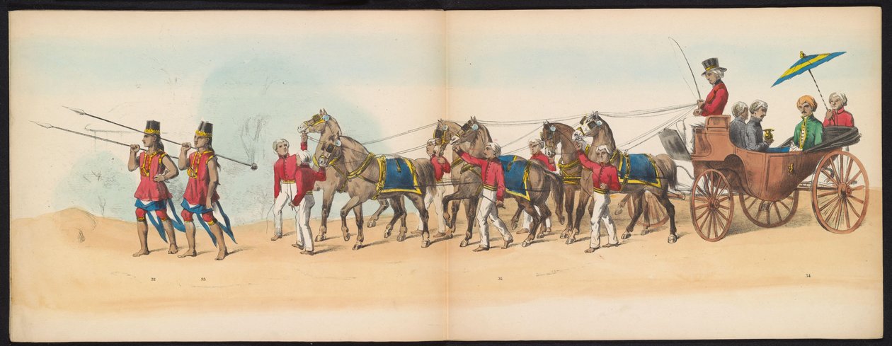 Delftin opiskelijoiden naamiaiset, 1857 (levy 4) Delftin opiskelijakunnan jäsenten pitämä pukukulkue 5. toukokuuta 1857, ja se kuvaa Djokjokartan sulttaanin Garebeg-kulkuetta ja Hollannin tyypillisimpiä tyyppejä. tekijältä Johan Hendrik Hoffmeister