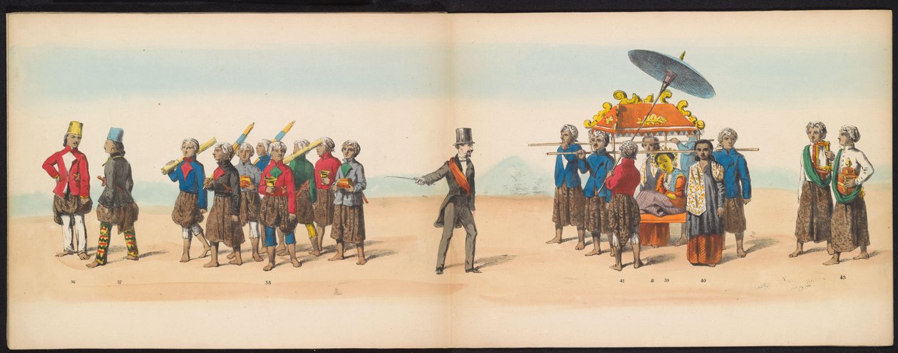 Delftin opiskelijoiden naamiaiset, 1857 (levy 5) Delftin opiskelijakunnan jäsenten pitämä pukukulkue 5. toukokuuta 1857, ja se kuvaa Djokjokartan sulttaanin Garebeg-kulkuetta ja Hollannin tyypillisimpiä tyyppejä. tekijältä Johan Hendrik Hoffmeister