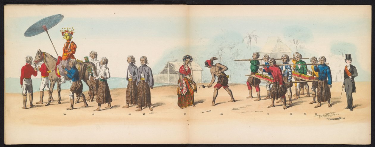 Delftin opiskelijoiden naamiaiset, 1857 (levy 6) Delftin opiskelijakunnan jäsenten pitämä pukukulkue 5. toukokuuta 1857, ja se kuvaa Djokjokartan sulttaanin Garebeg-kulkuetta ja Hollannin tyypillisimpiä tyyppejä. tekijältä Johan Hendrik Hoffmeister