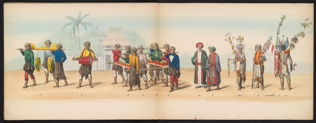 Delftin opiskelijoiden naamiaiset, 1857 (levy 7) Delftin opiskelijakunnan jäsenten pitämä pukukulkue 5. toukokuuta 1857, ja se kuvaa Djokjokartan sulttaanin Garebeg-kulkuetta ja Hollannin tyypillisimpiä tyyppejä. tekijältä Johan Hendrik Hoffmeister