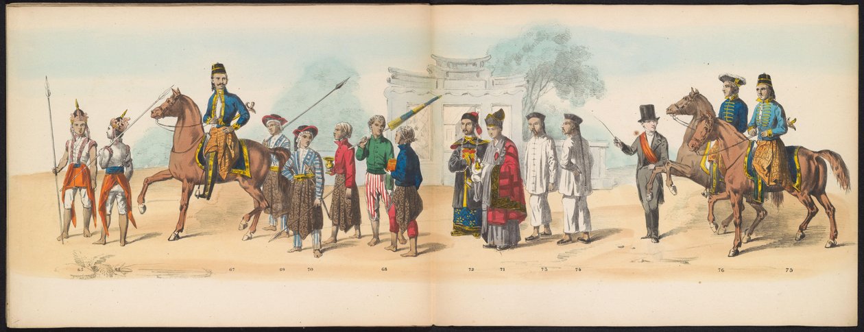 Delftin opiskelijoiden naamiaiset, 1857 (levy 8) Delftin opiskelijakunnan jäsenten pitämä pukukulkue 5. toukokuuta 1857, ja se kuvaa Djokjokartan sulttaanin Garebeg-kulkuetta ja Hollannin tyypillisimpiä tyyppejä. tekijältä Johan Hendrik Hoffmeister
