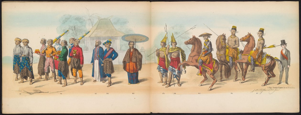 Delftin opiskelijoiden naamiaiset, 1857 (levy 9) Delftin opiskelijakunnan jäsenten pitämä pukukulkue 5. toukokuuta 1857, ja se kuvaa Djokjokartan sulttaanin Garebeg-kulkuetta ja Hollannin tyypillisimpiä tyyppejä. tekijältä Johan Hendrik Hoffmeister