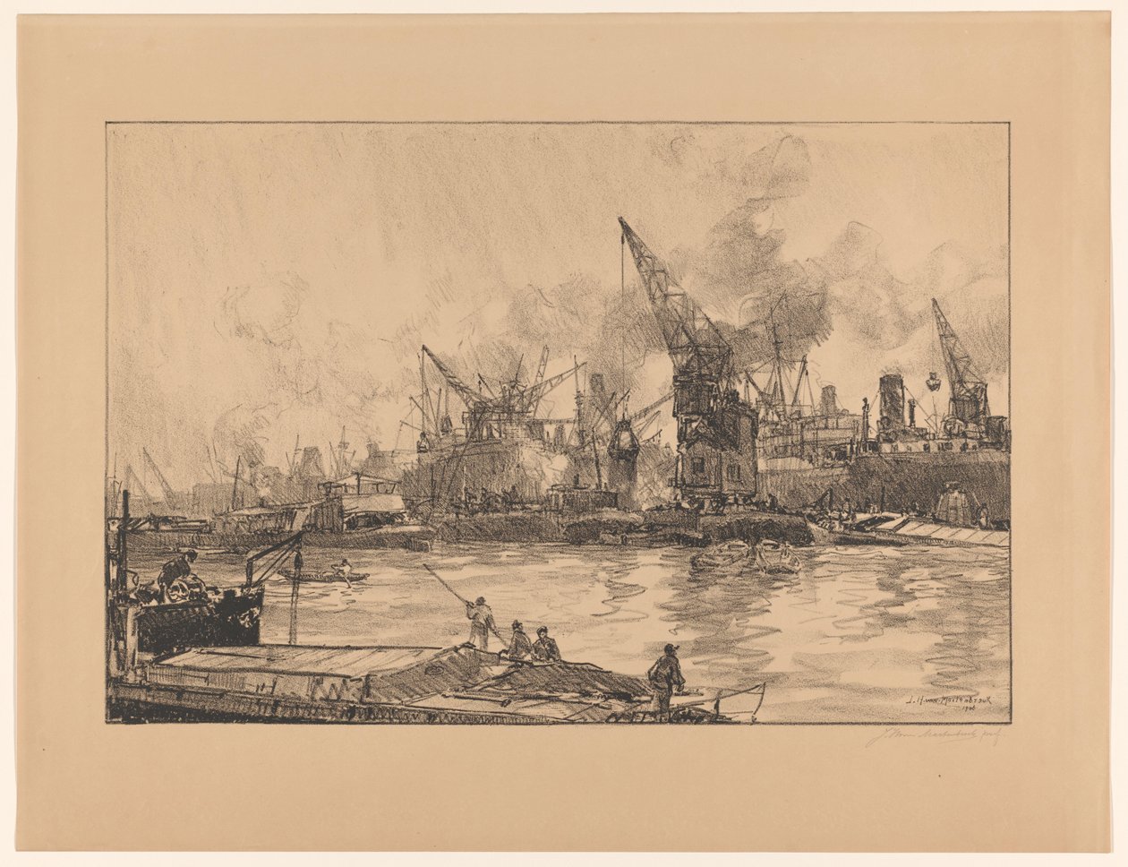 Näkymä Rotterdamin satamasta erilaisilla nostureilla tekijältä Johan Hendrik van Mastenbroek (signed by artist)