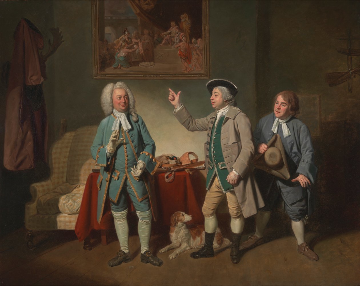 Edward Shuter, John Beard ja John Dunstall Isaac Bickertonin "Love in a Village" -elokuvassa tekijältä Johan Joseph Zoffany RA
