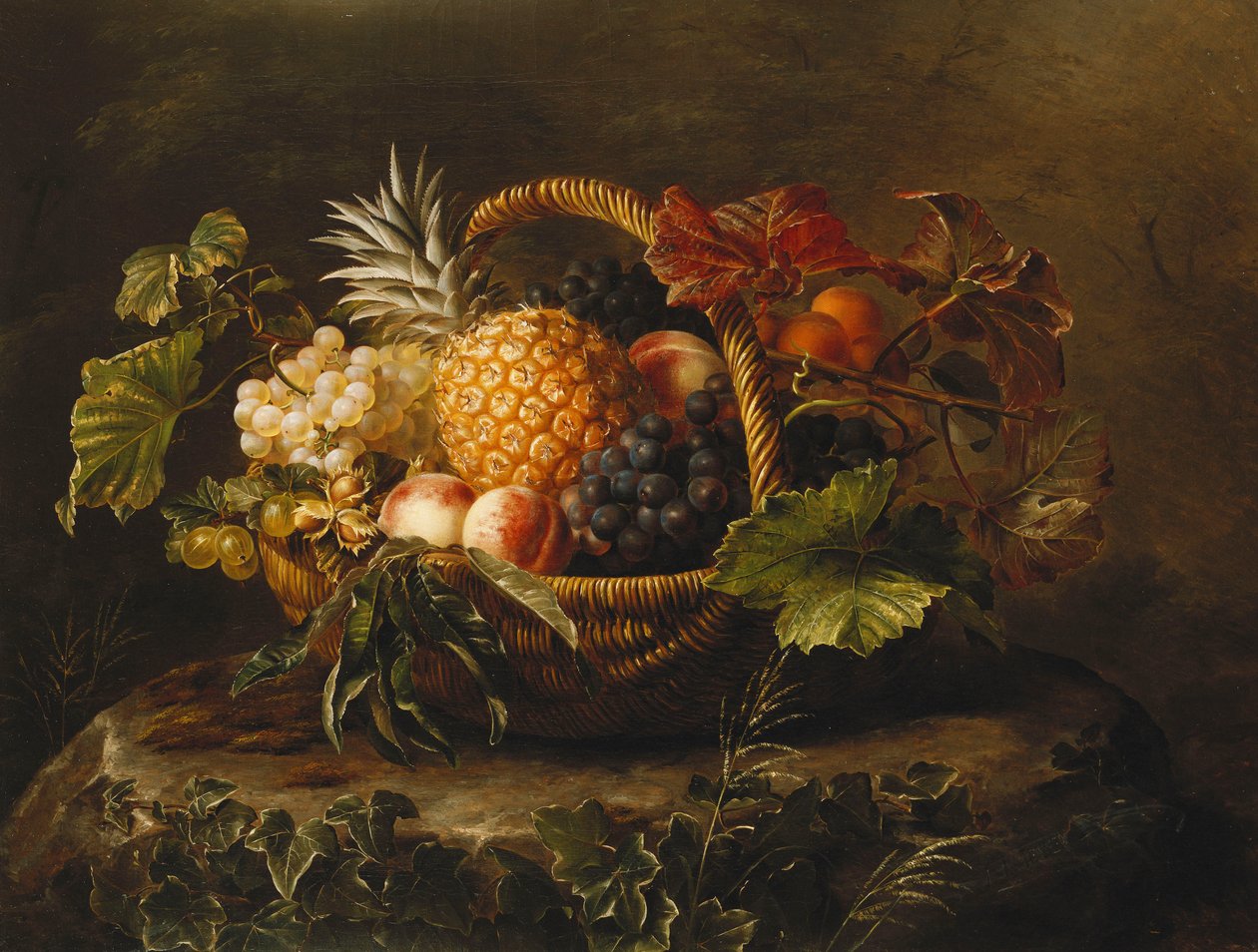 Ananas, viinirypäleet, persikat ja aprikoosit korissa, tekijältä Johan Laurents Jensen
