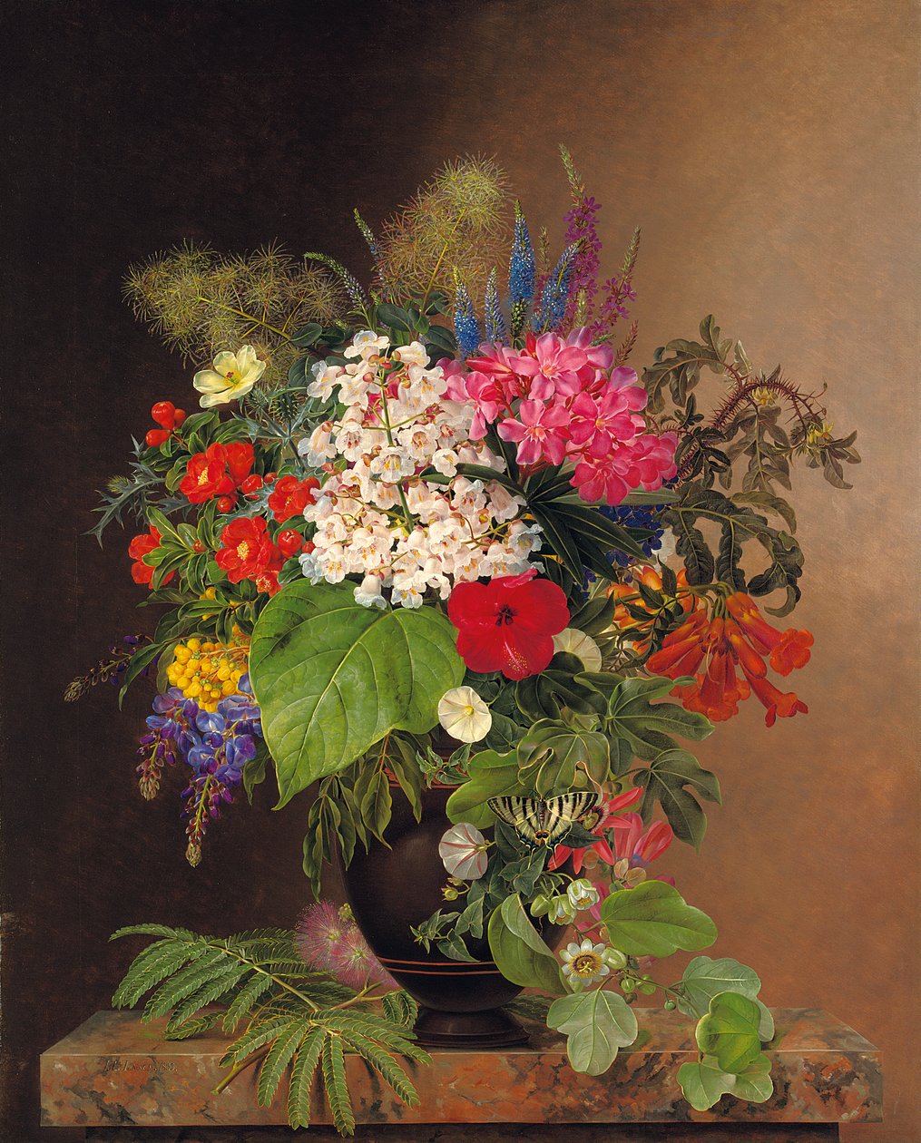 Convolvulus, lupiinit, speedwell ja fuschia maljakossa, 1833 tekijältä Johan Laurents Jensen