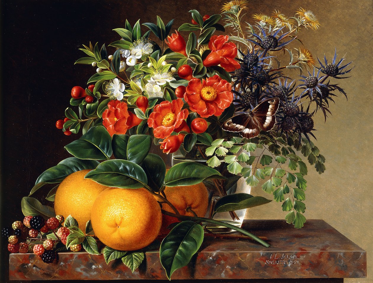 Appelsiinit, karhunvatukat ja kukkamaljakko reunalla, 1834 tekijältä Johan Laurents Jensen