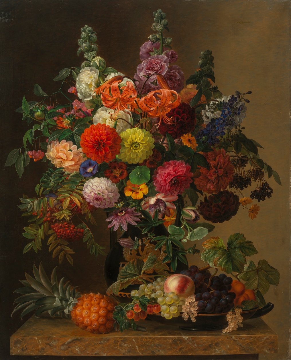Asetelma kukilla ja hedelmillä, 1836. tekijältä Johan Laurentz Jensen