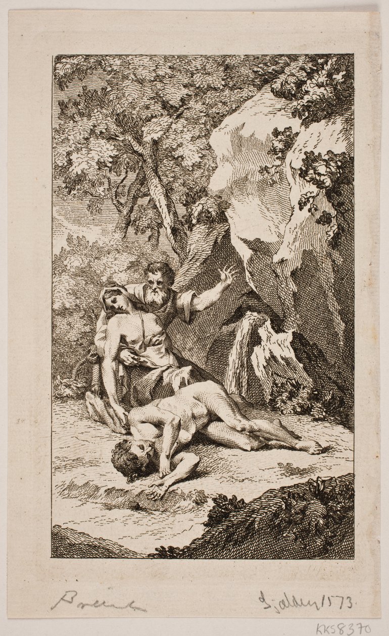 Kuvitus Salomon Gessnerin teokseen "Abelin kuolema", 1764 tekijältä Johan Martin Preisler