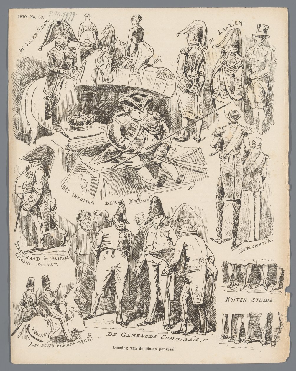 Sarjakuva osavaltioiden kenraalin avajaisista 1870 Osavaltioiden kenraalin avajaiset (otsikko esineessä) tekijältä Johan Michaël Schmidt Crans