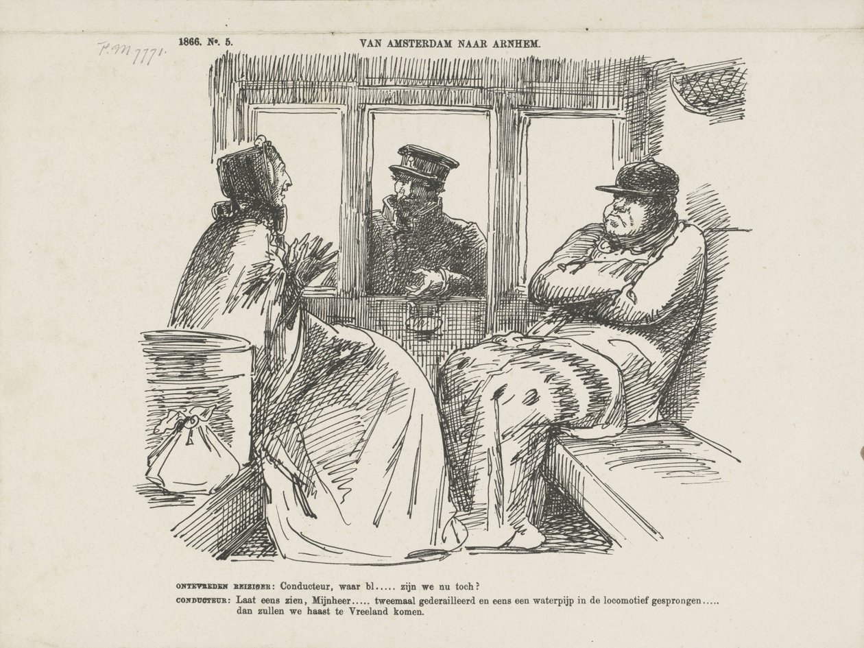 Sarjakuva monista onnettomuuksista Rhijnspoorwegilla, 1866 Amsterdamista Arnhemiin (otsikko esineessä) tekijältä Johan Michaël Schmidt Crans