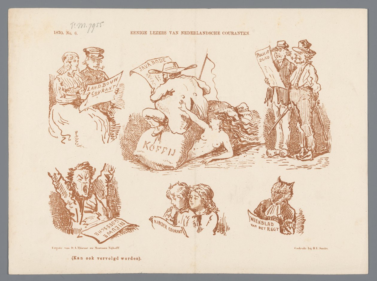 Sarjakuva erityyppisistä sanomalehtilukijoista, 1870 Jotkut hollantilaisten sanomalehtien lukijat (otsikko esineessä) tekijältä Johan Michaël Schmidt Crans