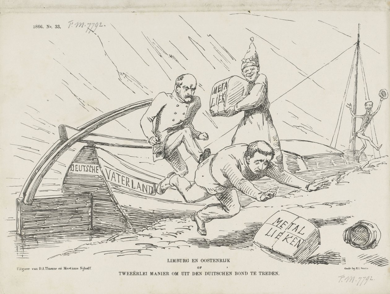 Sarjakuva Bismarckista ja Saksan valaliitosta, 1866 Limburg ja Itävalta tai kaksi tapaa erota Saksan valaliitosta (otsikko esineessä) tekijältä Johan Michaël Schmidt Crans