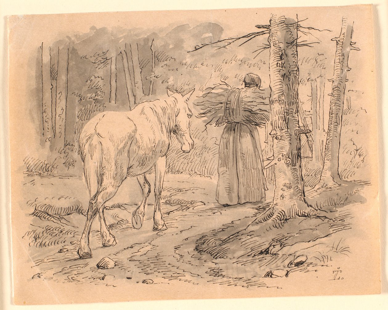 Vaimo ja hevonen. Kuvitus Kaalundin "Fables for Children" -kirjaan. Katso kommentti arkkiluettelosta. tekijältä Johan Thomas Lundbye