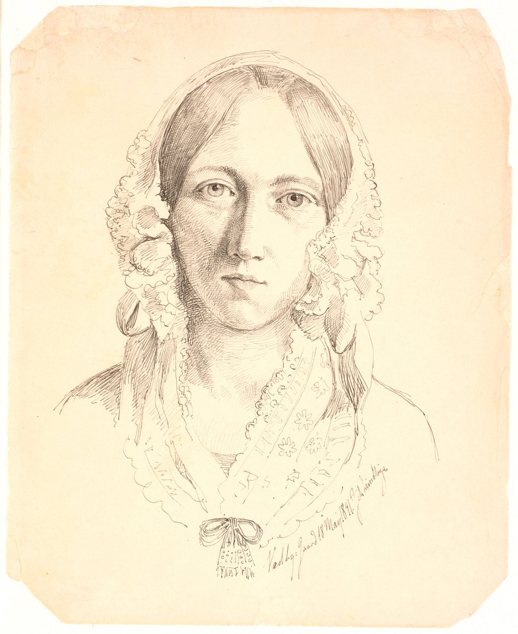 Nuoren naisen muotokuva, yksi kasvo. Edustaa mahdollisesti Louise Marie Neergaardia (1816-1895) tekijältä Johan Thomas Lundbye