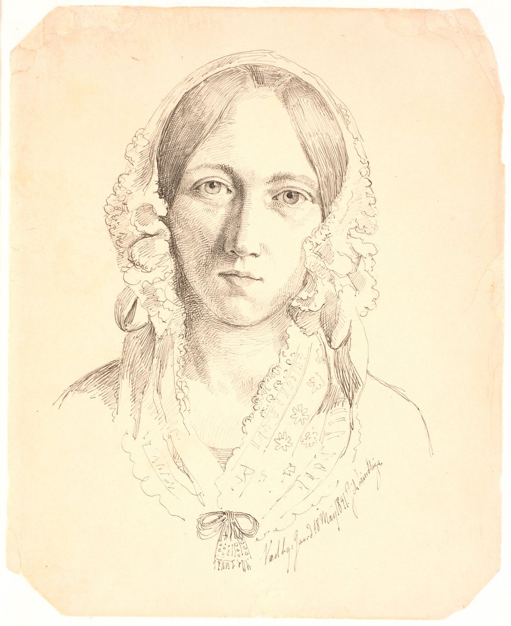 Nuoren naisen muotokuva, yksi kasvo. Edustaa mahdollisesti Louise Marie Neergaardia (1816-1895) tekijältä Johan Thomas Lundbye