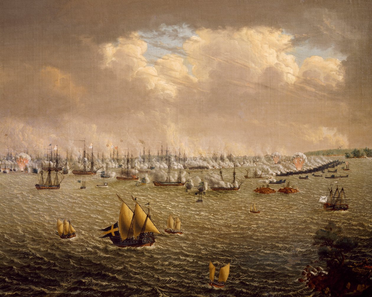 Skargardin taistelu ruotsalaisten ja venäläisten laivastojen välillä Ruotsin Suomen herruuden vuoksi, 10.7.1790, Johan Tietrich Schoultz (1754-1807), Venäjän ja Ruotsin sodat tekijältä Johan Tietrich Schoultz
