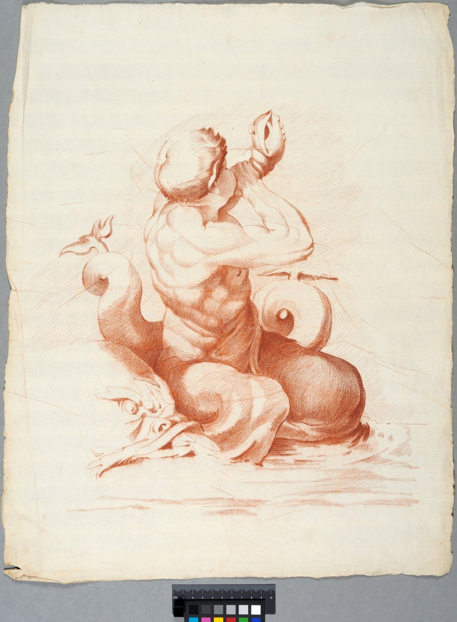Akademiezeichnung. Detail einer Deckendekoration mit Peleus und Thetis in der Galleria Farnese, Rom, Triton bläst eine Muschel tekijältä Johan Tobias Sergel