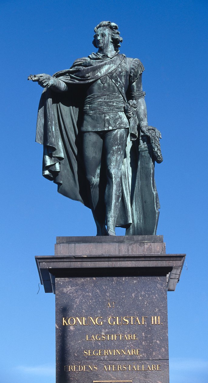 Kuningas Kustaa III:n patsas, joka on veistetty vuonna 1799 vuonna 1792 murhatun kuninkaan muistoksi, Gamla Stan (Vanhakaupunki), Tukholma, Ruotsi (kuva) tekijältä Johan Tobias Sergel