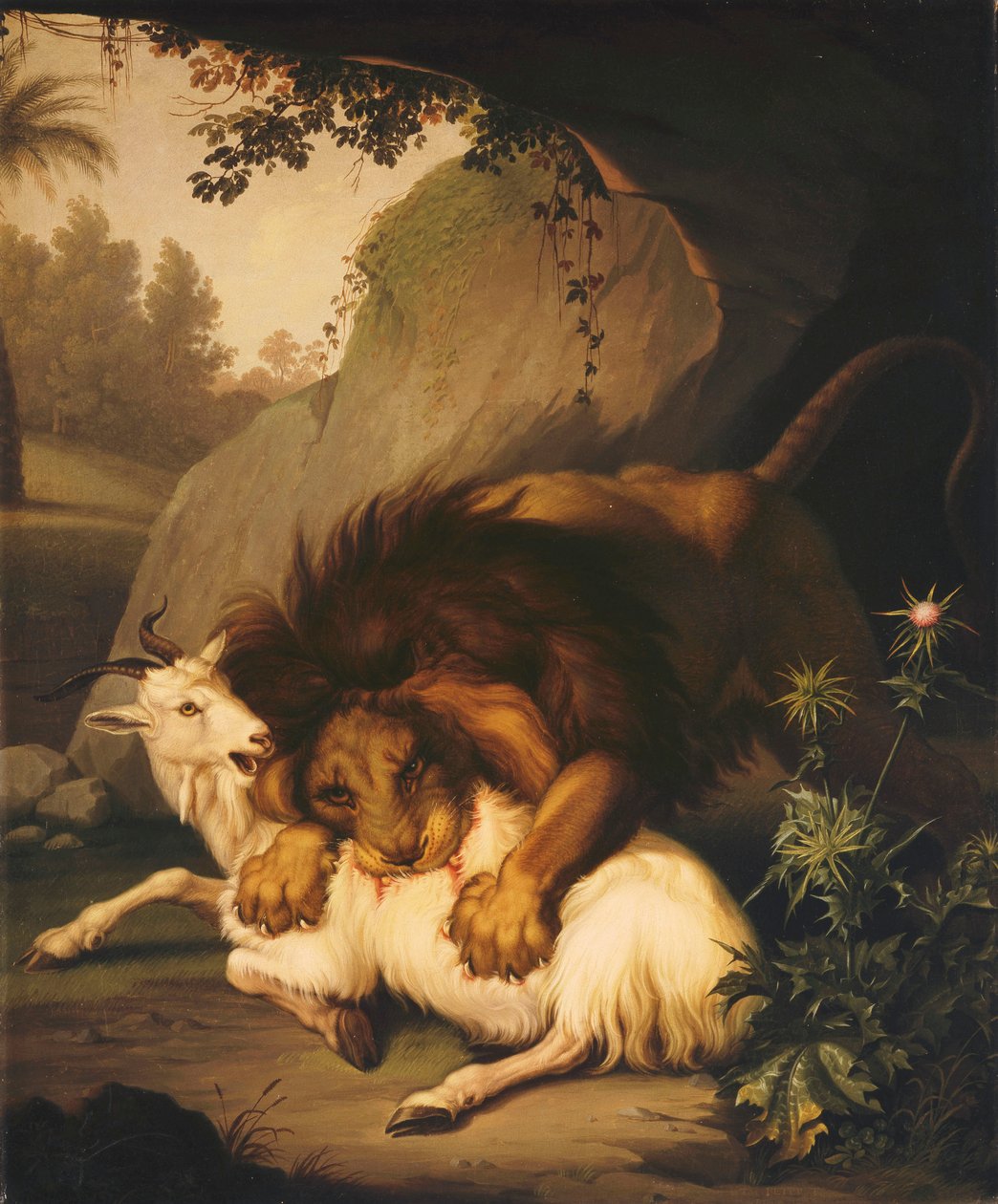 Leijona hyökkäämässä vuohen kimppuun, 1785 tekijältä Johan Wenzel Peter