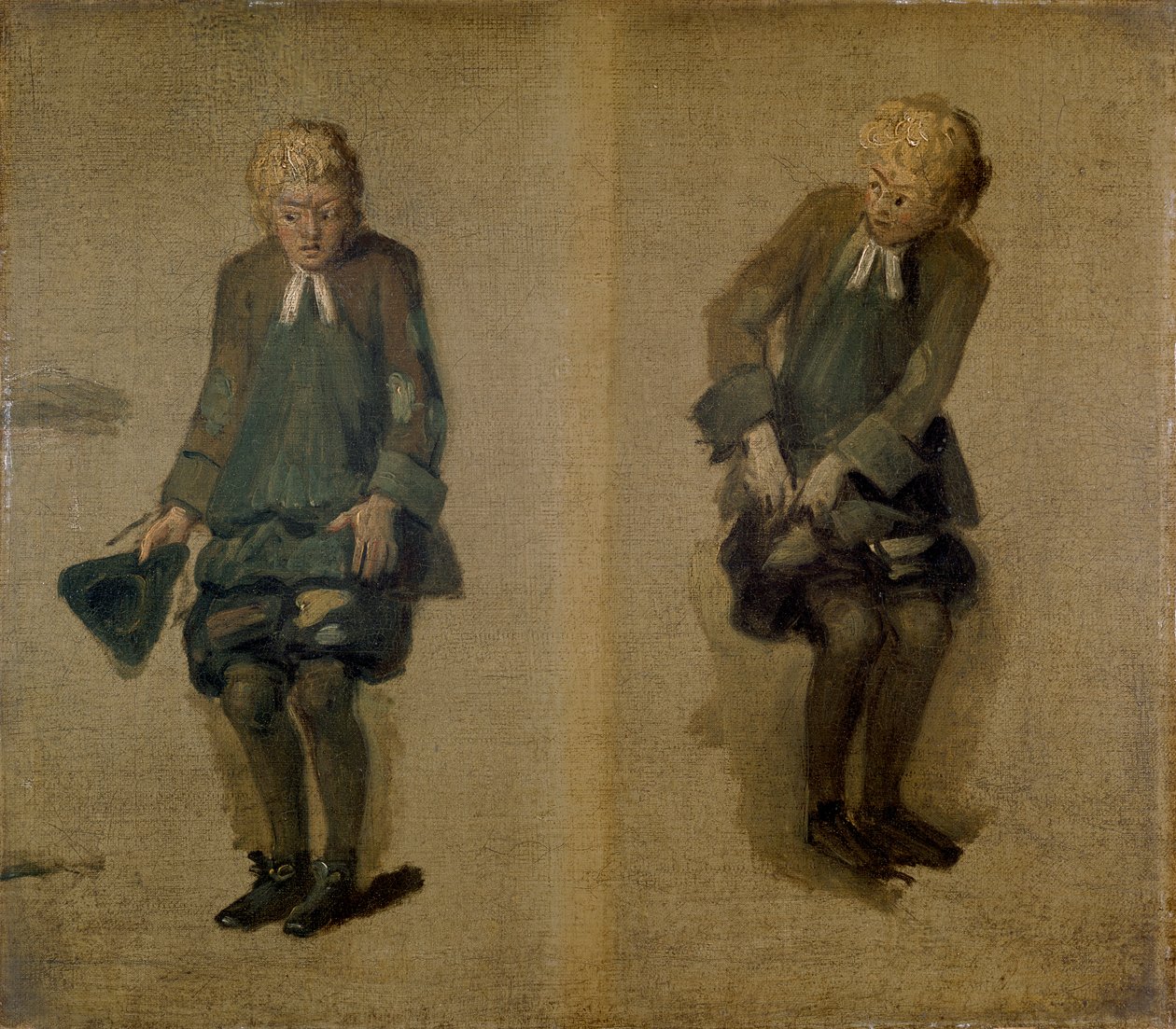 Kaksi luonnosta David Garrickista Abel Druggerina Alkymistissä, 1700-luku tekijältä Johan Zoffany