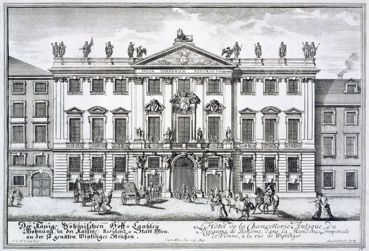 Böömin kuningaskunnan kanslia, osa keisarillista residenssiä Wiplinger-kadulla, Wien, noin 1719. tekijältä Johann Bernhard Fischer von Erlach
