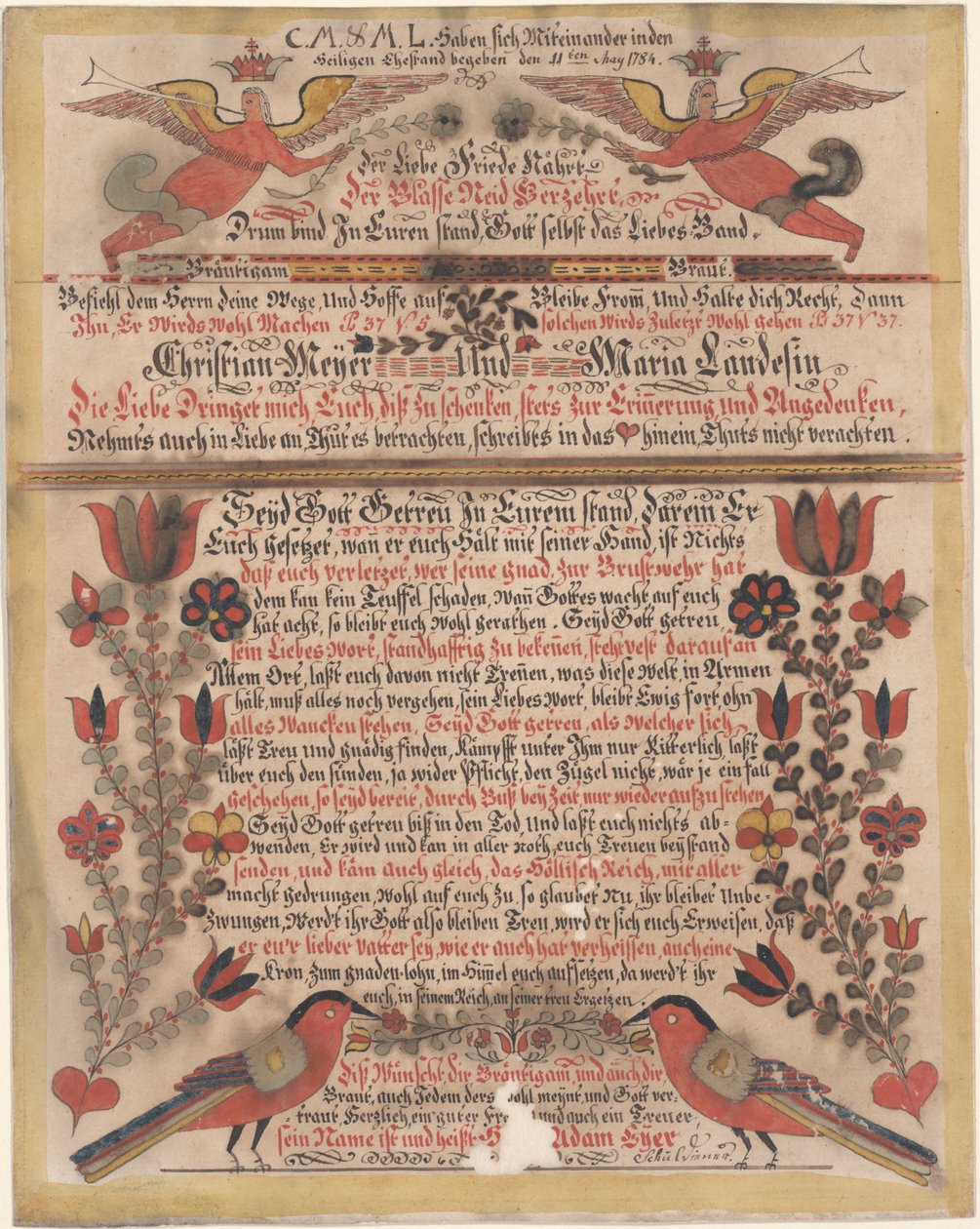 Avioliittotervehdys Christian Meyerille ja Maria Landesille, 1784 (wc ja muste paperille) tekijältä Johann Adam Eyer