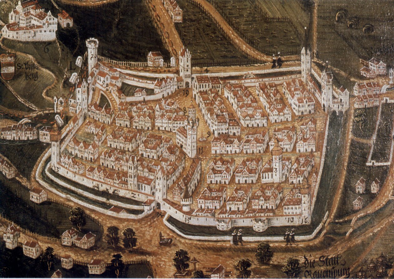 Prospekt des Klosters Weißenau und der Reichsstadt Ravensburg von Norden tekijältä Johann Andreas Rauch