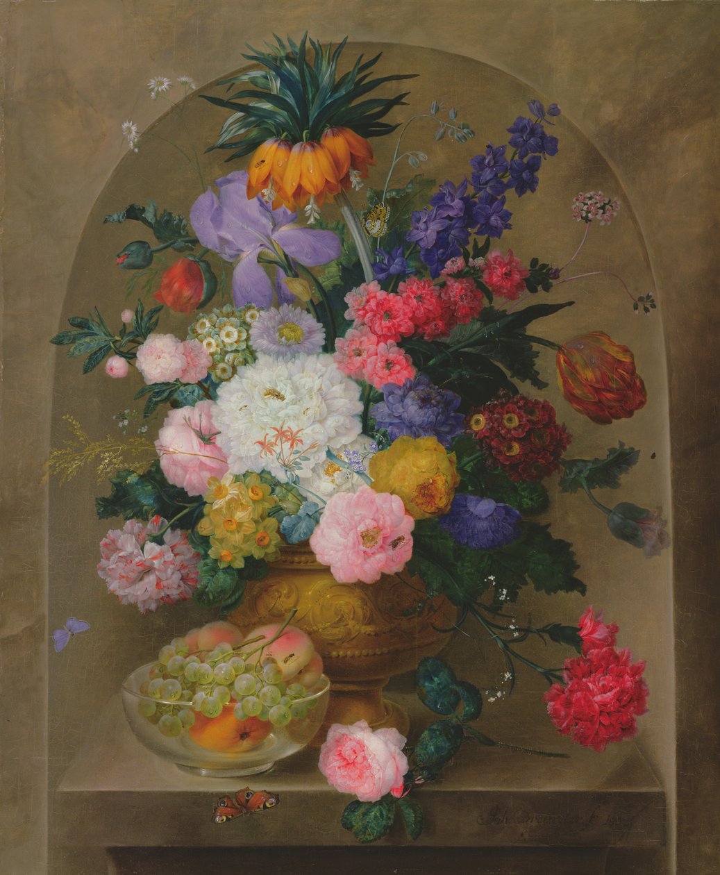 Hedelmien ja kukkien asetelma, 1807 tekijältä Johann Baptist Drechsler