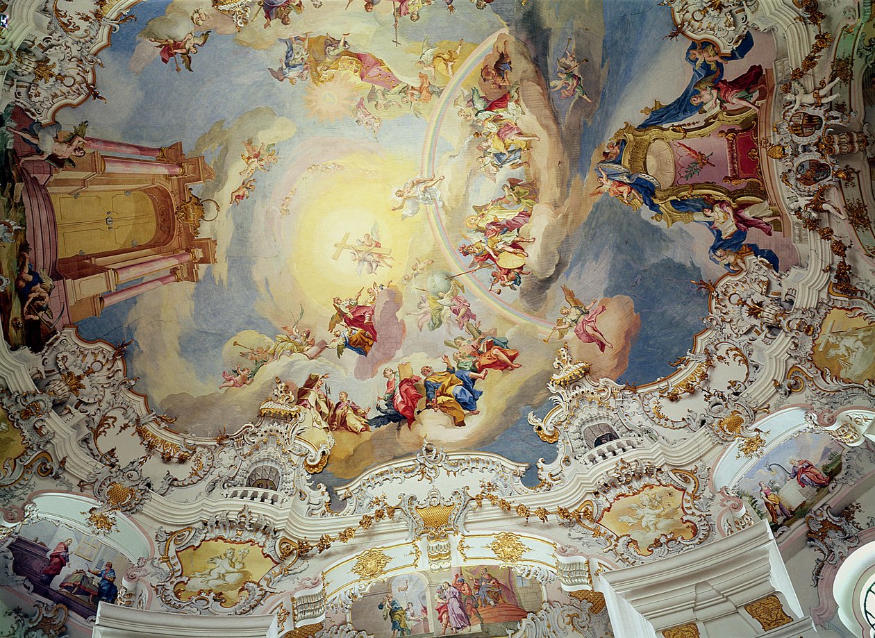 Viimeinen tuomio, kattomaalaus kirkon litteästä kupolista (stukki). tekijältä Johann Baptist Zimmermann