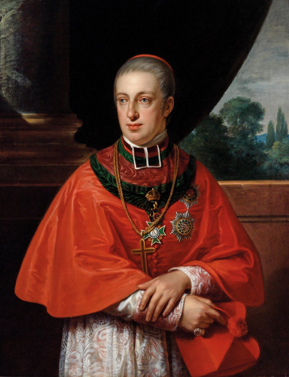 Kardinaali Erzherzog Rudolf, Porträt als Kardinal dekoriert mit dem St.Stephansorden und dem sächsischen Hausorden der Rautenkrone tekijältä Johann Baptist von Lampi the Elder